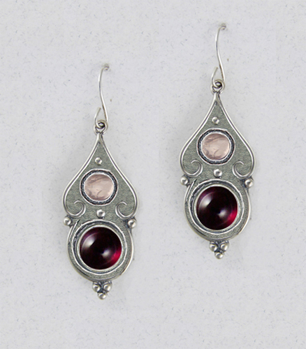 Sterling Silver Gothic Look With Garnet And Rose Quartz Gemstone Drop Dangle Earrings